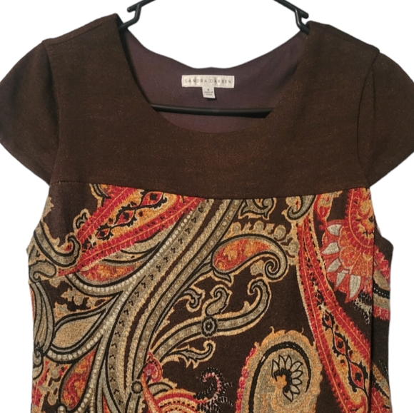 Sandra Darren Woman’s Brown Paisley Print Knee Length Cap Sleeves Dress 6 - Picture 3 of 6